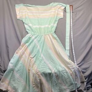Vintage Pastel Striped Midi Dress Mint Green Peach Yellow Elastic Waist Sash